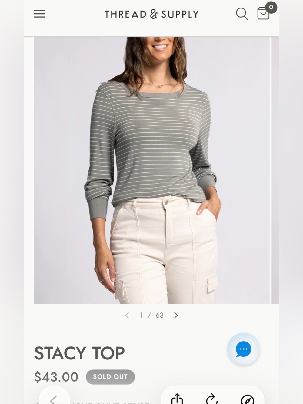 Thread & Supply gray/olive White Striped Long-Sleeve Crew ptp 19-24 length 27